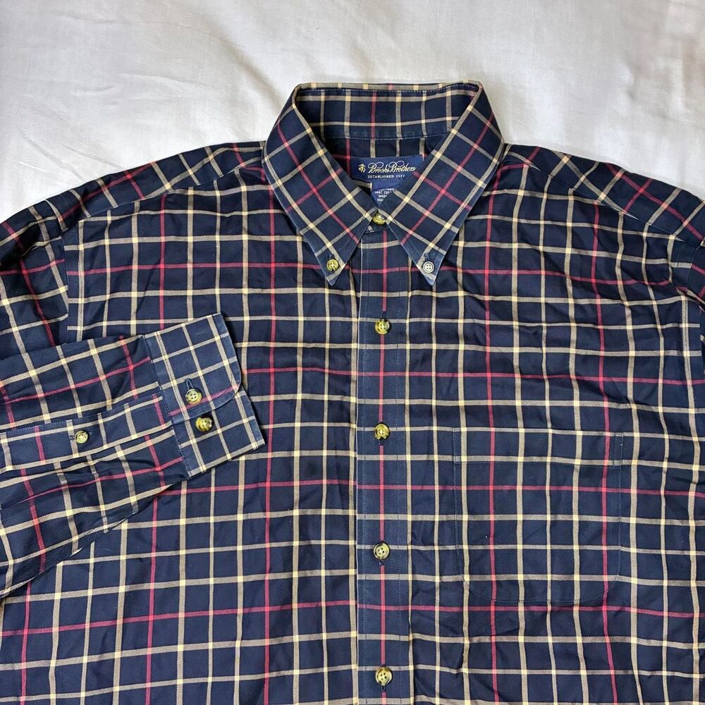 Brooks Brothers Plaid Button Down Shirt Men’s Large Navy Red 100% Cotton